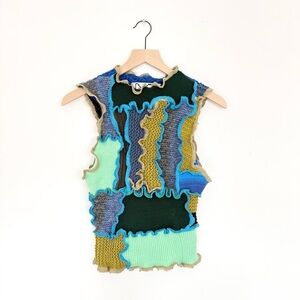 rua carlota patchwork knit tank - UK artist handmade green + blue sweater - XS